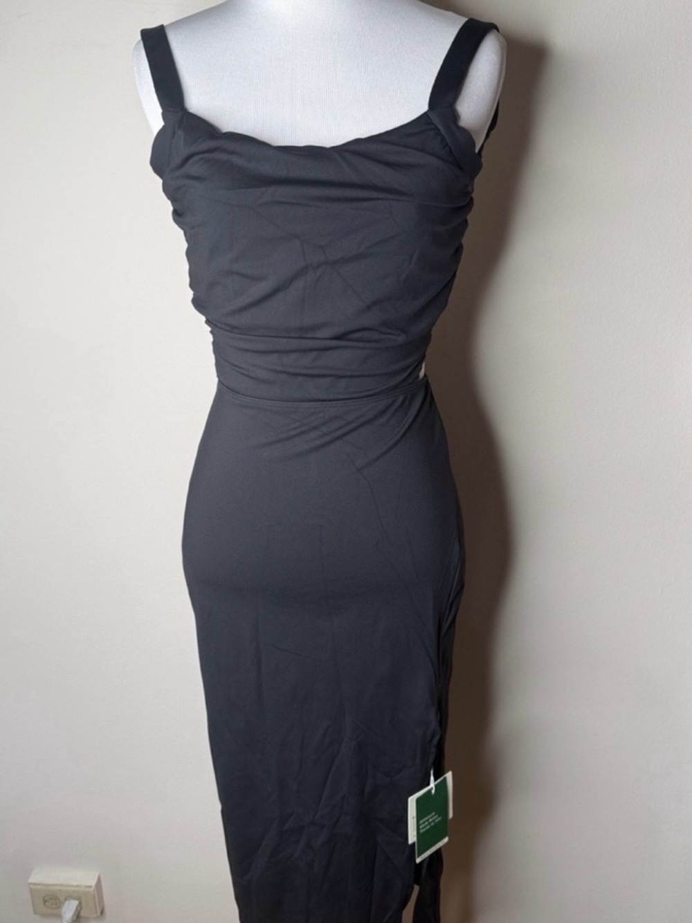 Halara Black Ruched Lace Up Bodycon Midi Dress - Picture 2 of 8